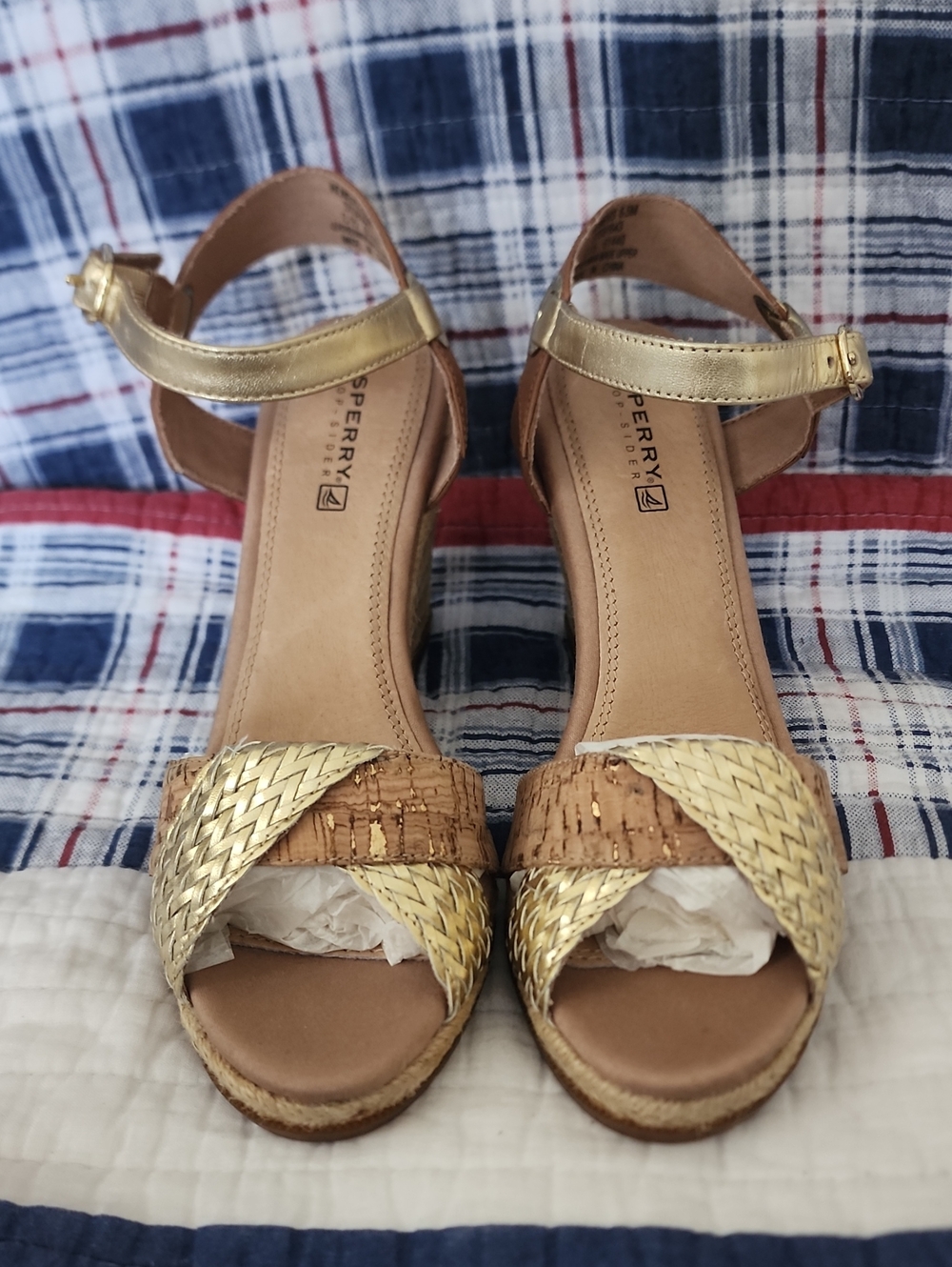 Sperry Metallic Gold and Tan Espadrille Wedge Sandals
